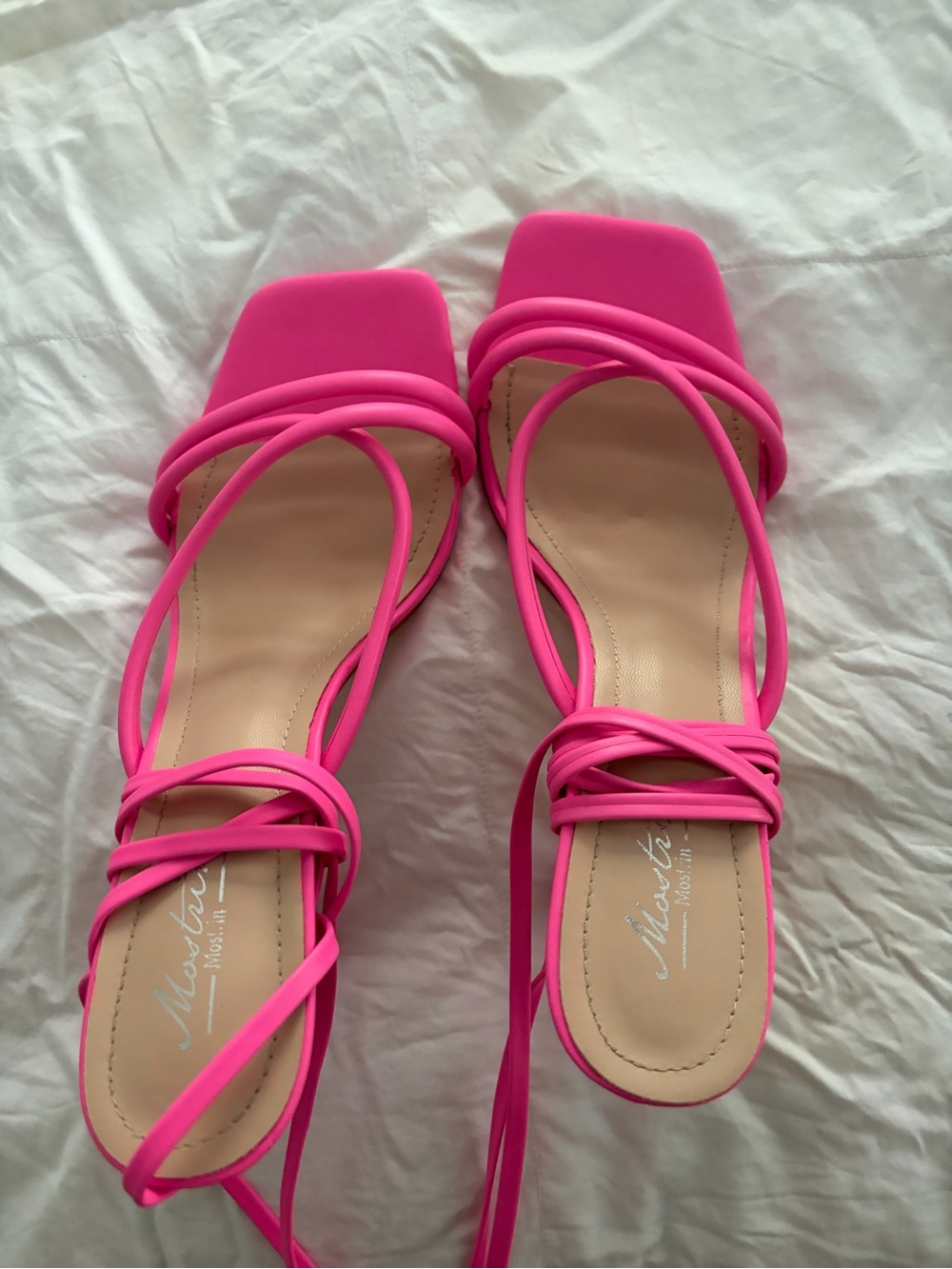 Matisse Neon Pink Strappy Square-Toe Lace-Up Sandals